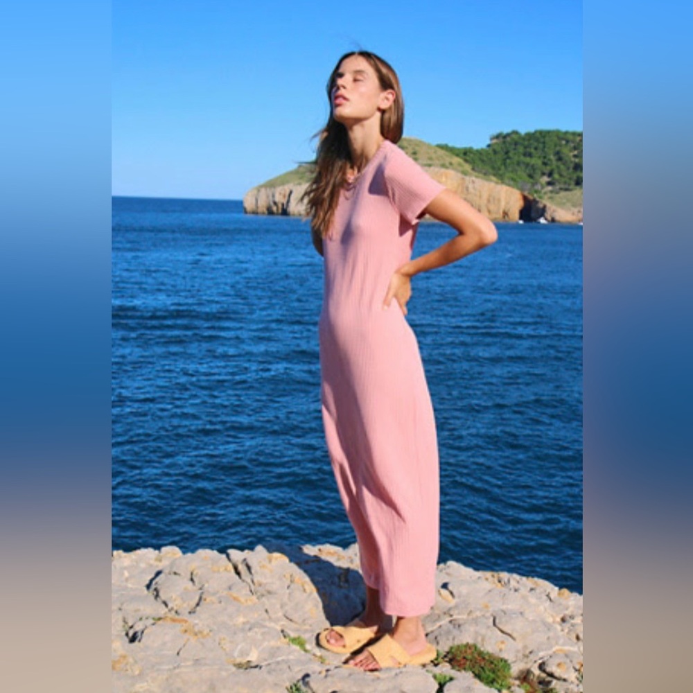 FREE PEOPLE Pink Simone Tee Dress ribbed textured XL maxi dress shirt sleeve